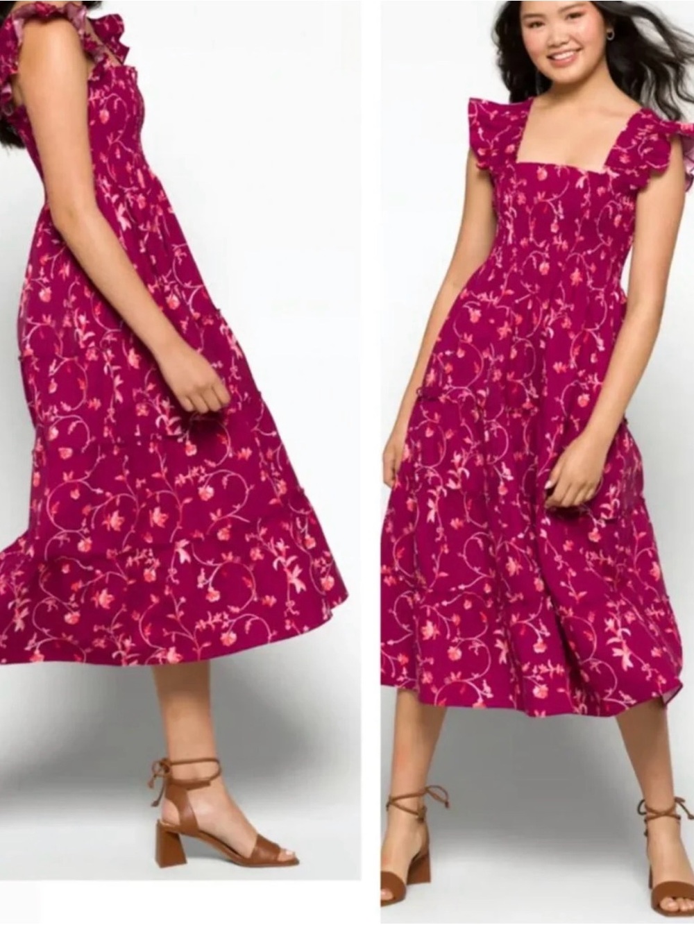 Hill House Floral Square-Neck Midi Dress in Magenta - Picture 2 of 7